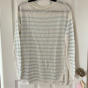 Vince Cream and Light Blue Striped Lightweight Crew Sweater